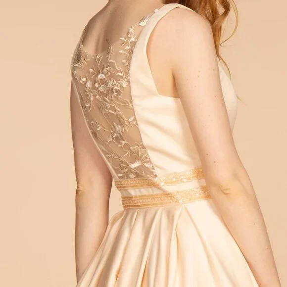 NEW LONG SLEEVELESS A-LINE SATIN DRESS WITH SCOOP NECKLINE AND SHEER BACK GL2531 - Picture 8 of 10